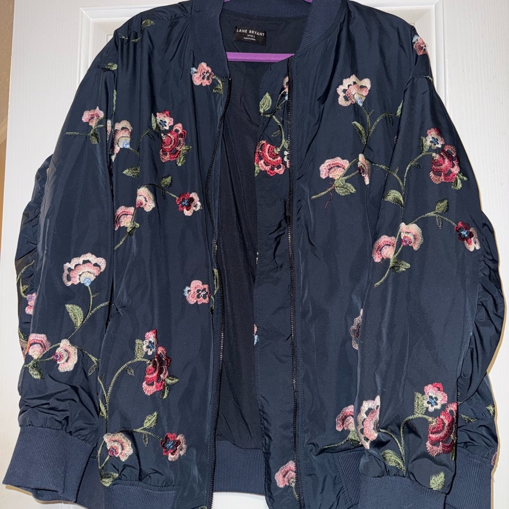 Lane Bryant Dark Blue Floral Embroidered Bomber Jacket